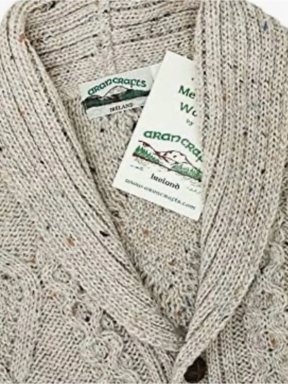 Aran Crafts Men's Merino Wool Shawl Neck Diamond Cardigan Oatmeal Size: Large